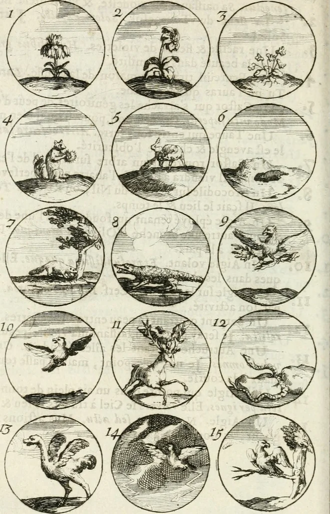 An illustration from Livre curieux et utile pour les sçavans et artistes : composé de trois alphabets de chiffres simples, doubles & triples, fleuronnez et au premier trait : accompagné d'un tres grand nombre de devises, emblêmes, médailles et autres figures hieroglyfiques : ensemble de plusieurs supports et cimiers pour les ornemens des armes : avec une table tres ample par le moyen de laquelle on trouvera facilement tous les noms imaginables, 1685, leaf 69