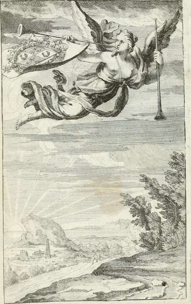 An illustration from Livre curieux et utile pour les sçavans et artistes : composé de trois alphabets de chiffres simples, doubles & triples, fleuronnez et au premier trait : accompagné d'un tres grand nombre de devises, emblêmes, médailles et autres figures hieroglyfiques : ensemble de plusieurs supports et cimiers pour les ornemens des armes : avec une table tres ample par le moyen de laquelle on trouvera facilement tous les noms imaginables, 1685, leaf 7