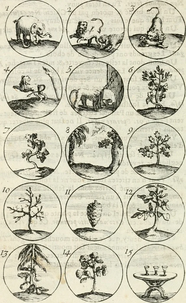 An illustration from Livre curieux et utile pour les sçavans et artistes : composé de trois alphabets de chiffres simples, doubles & triples, fleuronnez et au premier trait : accompagné d'un tres grand nombre de devises, emblêmes, médailles et autres figures hieroglyfiques : ensemble de plusieurs supports et cimiers pour les ornemens des armes : avec une table tres ample par le moyen de laquelle on trouvera facilement tous les noms imaginables, 1685, leaf 71