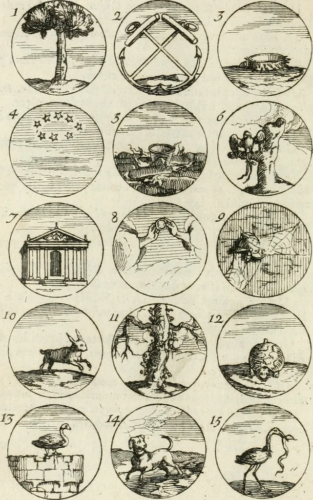 An illustration from Livre curieux et utile pour les sçavans et artistes : composé de trois alphabets de chiffres simples, doubles & triples, fleuronnez et au premier trait : accompagné d'un tres grand nombre de devises, emblêmes, médailles et autres figures hieroglyfiques : ensemble de plusieurs supports et cimiers pour les ornemens des armes : avec une table tres ample par le moyen de laquelle on trouvera facilement tous les noms imaginables, 1685, leaf 73