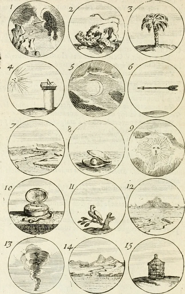 An illustration from Livre curieux et utile pour les sçavans et artistes : composé de trois alphabets de chiffres simples, doubles & triples, fleuronnez et au premier trait : accompagné d'un tres grand nombre de devises, emblêmes, médailles et autres figures hieroglyfiques : ensemble de plusieurs supports et cimiers pour les ornemens des armes : avec une table tres ample par le moyen de laquelle on trouvera facilement tous les noms imaginables, 1685, leaf 75