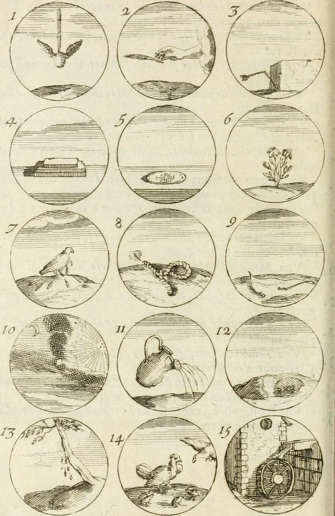 An illustration from Livre curieux et utile pour les sçavans et artistes : composé de trois alphabets de chiffres simples, doubles & triples, fleuronnez et au premier trait : accompagné d'un tres grand nombre de devises, emblêmes, médailles et autres figures hieroglyfiques : ensemble de plusieurs supports et cimiers pour les ornemens des armes : avec une table tres ample par le moyen de laquelle on trouvera facilement tous les noms imaginables, 1685, leaf 77