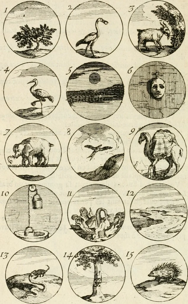 An illustration from Livre curieux et utile pour les sçavans et artistes : composé de trois alphabets de chiffres simples, doubles & triples, fleuronnez et au premier trait : accompagné d'un tres grand nombre de devises, emblêmes, médailles et autres figures hieroglyfiques : ensemble de plusieurs supports et cimiers pour les ornemens des armes : avec une table tres ample par le moyen de laquelle on trouvera facilement tous les noms imaginables, 1685, leaf 79