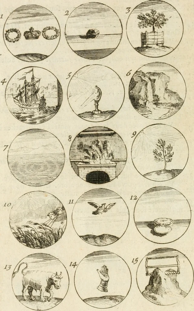 An illustration from Livre curieux et utile pour les sçavans et artistes : composé de trois alphabets de chiffres simples, doubles & triples, fleuronnez et au premier trait : accompagné d'un tres grand nombre de devises, emblêmes, médailles et autres figures hieroglyfiques : ensemble de plusieurs supports et cimiers pour les ornemens des armes : avec une table tres ample par le moyen de laquelle on trouvera facilement tous les noms imaginables, 1685, leaf 81