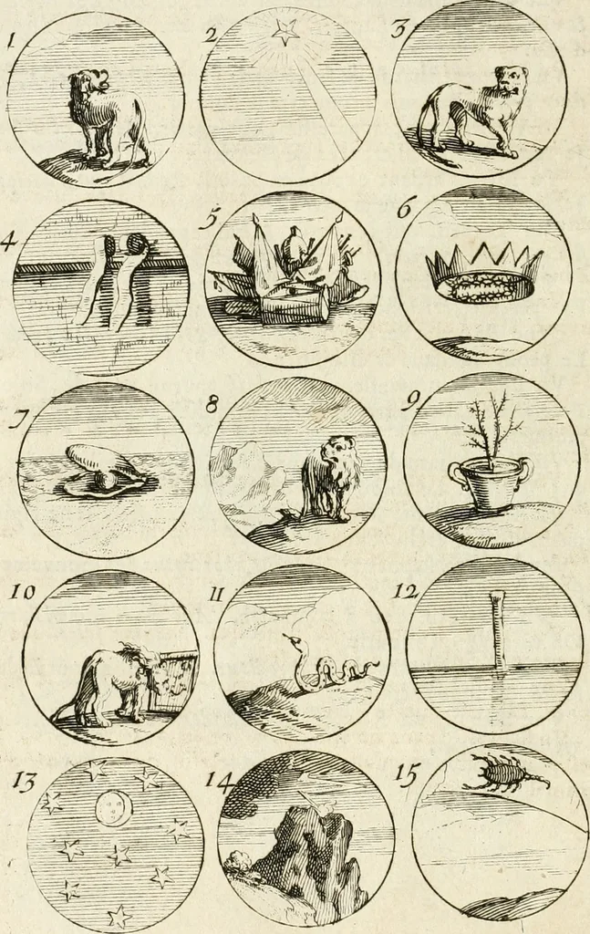 An illustration from Livre curieux et utile pour les sçavans et artistes : composé de trois alphabets de chiffres simples, doubles & triples, fleuronnez et au premier trait : accompagné d'un tres grand nombre de devises, emblêmes, médailles et autres figures hieroglyfiques : ensemble de plusieurs supports et cimiers pour les ornemens des armes : avec une table tres ample par le moyen de laquelle on trouvera facilement tous les noms imaginables, 1685, leaf 83