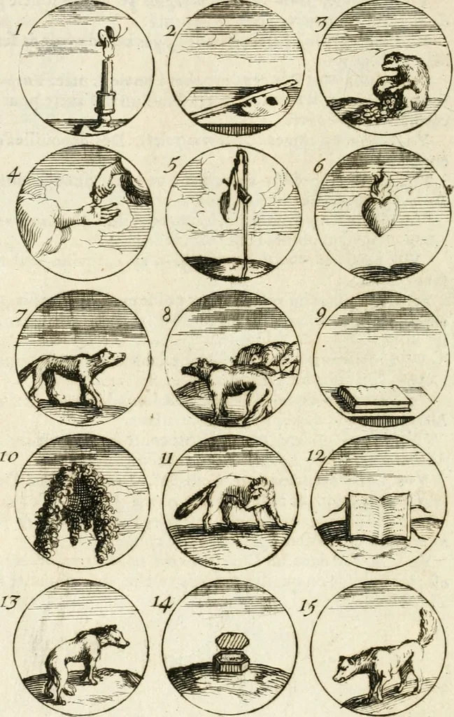 An illustration from Livre curieux et utile pour les sçavans et artistes : composé de trois alphabets de chiffres simples, doubles & triples, fleuronnez et au premier trait : accompagné d'un tres grand nombre de devises, emblêmes, médailles et autres figures hieroglyfiques : ensemble de plusieurs supports et cimiers pour les ornemens des armes : avec une table tres ample par le moyen de laquelle on trouvera facilement tous les noms imaginables, 1685, leaf 85