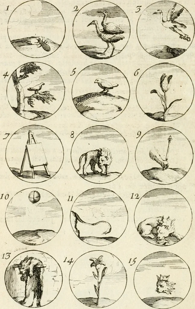 An illustration from Livre curieux et utile pour les sçavans et artistes : composé de trois alphabets de chiffres simples, doubles & triples, fleuronnez et au premier trait : accompagné d'un tres grand nombre de devises, emblêmes, médailles et autres figures hieroglyfiques : ensemble de plusieurs supports et cimiers pour les ornemens des armes : avec une table tres ample par le moyen de laquelle on trouvera facilement tous les noms imaginables, 1685, leaf 87