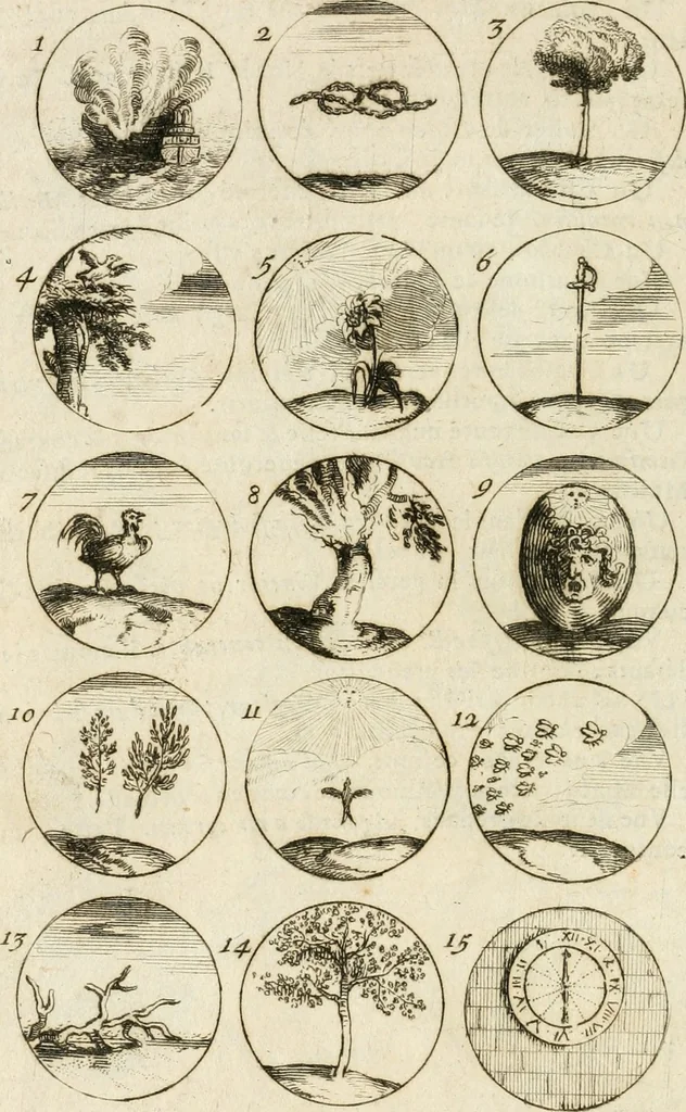 An illustration from Livre curieux et utile pour les sçavans et artistes : composé de trois alphabets de chiffres simples, doubles & triples, fleuronnez et au premier trait : accompagné d'un tres grand nombre de devises, emblêmes, médailles et autres figures hieroglyfiques : ensemble de plusieurs supports et cimiers pour les ornemens des armes : avec une table tres ample par le moyen de laquelle on trouvera facilement tous les noms imaginables, 1685, leaf 91