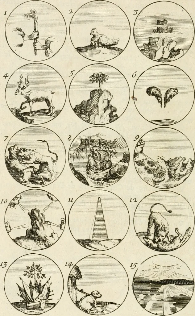 An illustration from Livre curieux et utile pour les sçavans et artistes : composé de trois alphabets de chiffres simples, doubles & triples, fleuronnez et au premier trait : accompagné d'un tres grand nombre de devises, emblêmes, médailles et autres figures hieroglyfiques : ensemble de plusieurs supports et cimiers pour les ornemens des armes : avec une table tres ample par le moyen de laquelle on trouvera facilement tous les noms imaginables, 1685, leaf 93