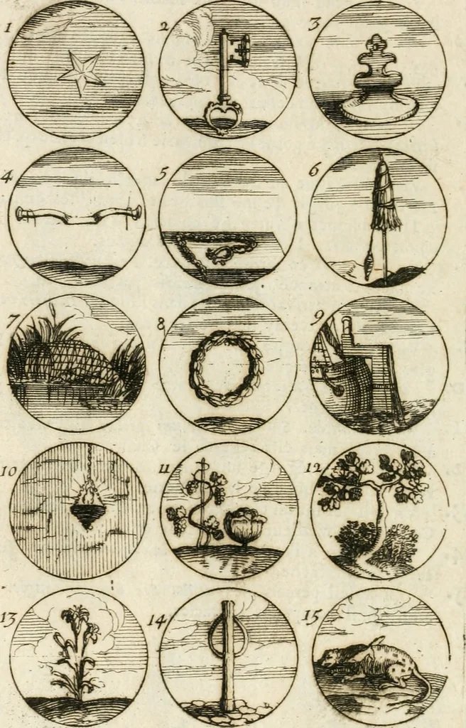 An illustration from Livre curieux et utile pour les sçavans et artistes : composé de trois alphabets de chiffres simples, doubles & triples, fleuronnez et au premier trait : accompagné d'un tres grand nombre de devises, emblêmes, médailles et autres figures hieroglyfiques : ensemble de plusieurs supports et cimiers pour les ornemens des armes : avec une table tres ample par le moyen de laquelle on trouvera facilement tous les noms imaginables, 1685, leaf 95