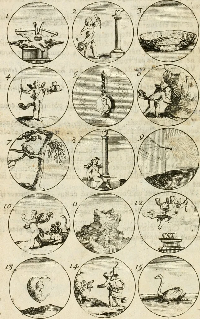 An illustration from Livre curieux et utile pour les sçavans et artistes : composé de trois alphabets de chiffres simples, doubles & triples, fleuronnez et au premier trait : accompagné d'un tres grand nombre de devises, emblêmes, médailles et autres figures hieroglyfiques : ensemble de plusieurs supports et cimiers pour les ornemens des armes : avec une table tres ample par le moyen de laquelle on trouvera facilement tous les noms imaginables, 1685, leaf 97