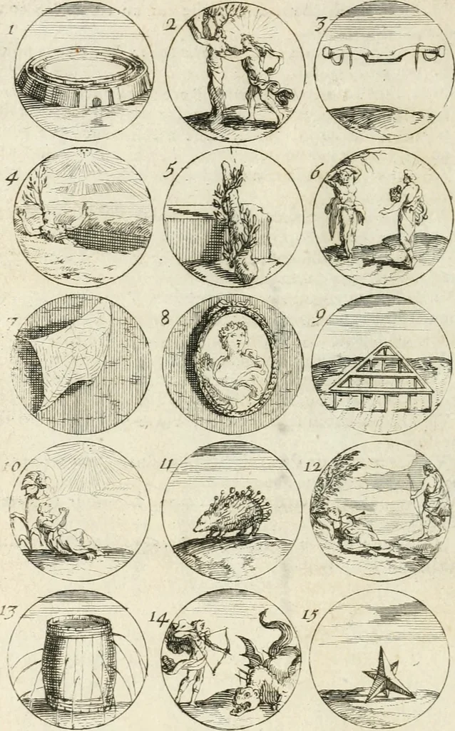 An illustration from Livre curieux et utile pour les sçavans et artistes : composé de trois alphabets de chiffres simples, doubles & triples, fleuronnez et au premier trait : accompagné d'un tres grand nombre de devises, emblêmes, médailles et autres figures hieroglyfiques : ensemble de plusieurs supports et cimiers pour les ornemens des armes : avec une table tres ample par le moyen de laquelle on trouvera facilement tous les noms imaginables, 1685, leaf 99
