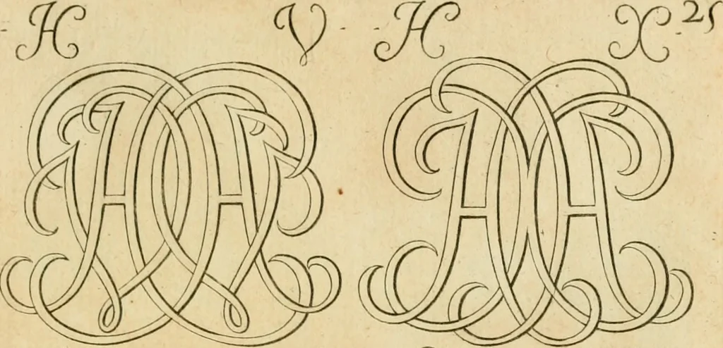 An illustration from Livre de chiffres a double traits, ou l'on trouve les noms & surnoms. : Vtile aux peintres, sculpteurs, graveurs et autres. Dedia Monseigneur le Dauphin, 1685, leaf 100