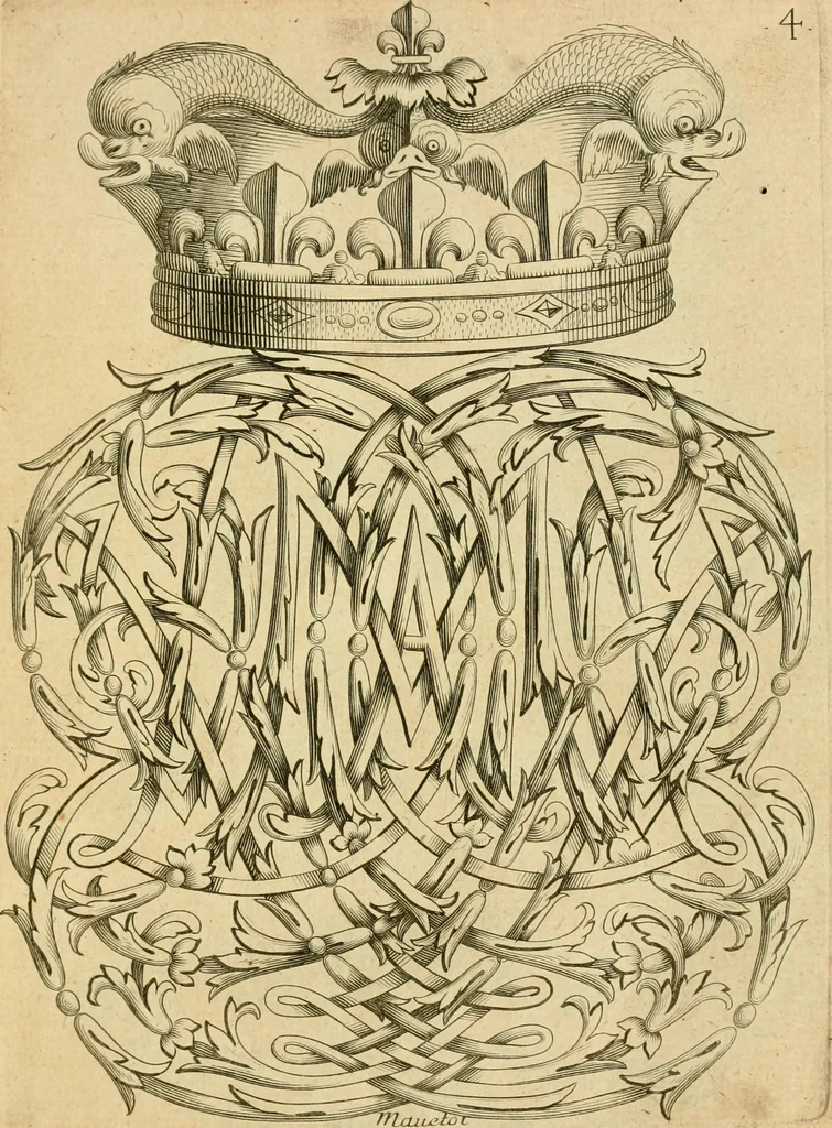 An illustration from Livre de chiffres a double traits, ou l'on trouve les noms & surnoms. : Vtile aux peintres, sculpteurs, graveurs et autres. Dedia Monseigneur le Dauphin, 1685, leaf 16