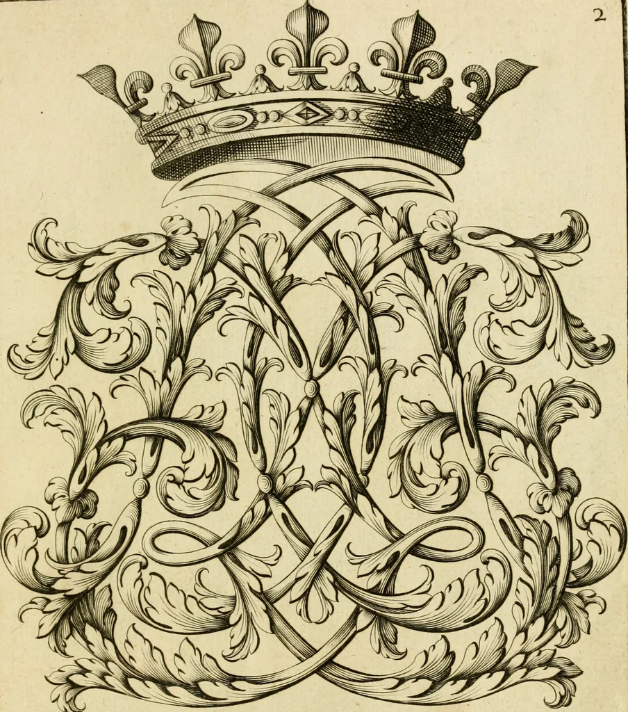 An illustration from Livre de chiffres a double traits, ou l'on trouve les noms & surnoms. : Vtile aux peintres, sculpteurs, graveurs et autres. Dedia Monseigneur le Dauphin, 1685, leaf 178