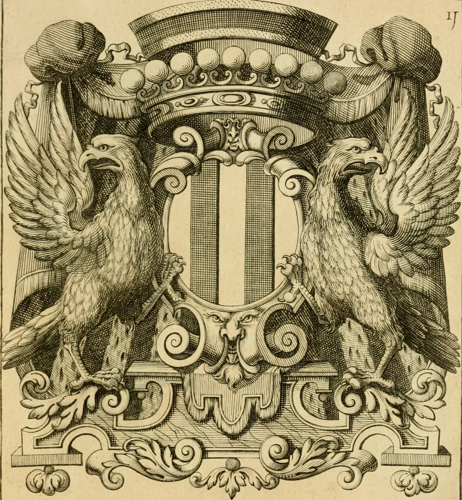 An illustration from Livre de chiffres a double traits, ou l'on trouve les noms & surnoms. : Vtile aux peintres, sculpteurs, graveurs et autres. Dedia Monseigneur le Dauphin, 1685, leaf 196