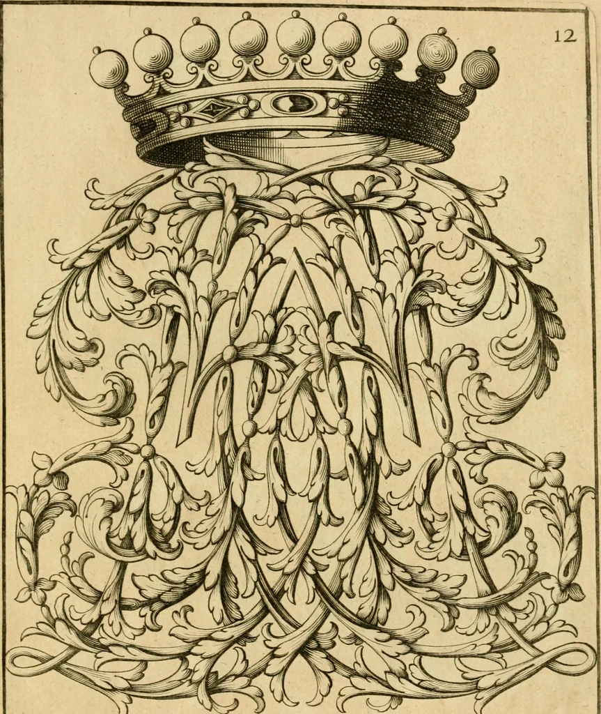 An illustration from Livre de chiffres a double traits, ou l'on trouve les noms & surnoms. : Vtile aux peintres, sculpteurs, graveurs et autres. Dedia Monseigneur le Dauphin, 1685, leaf 198