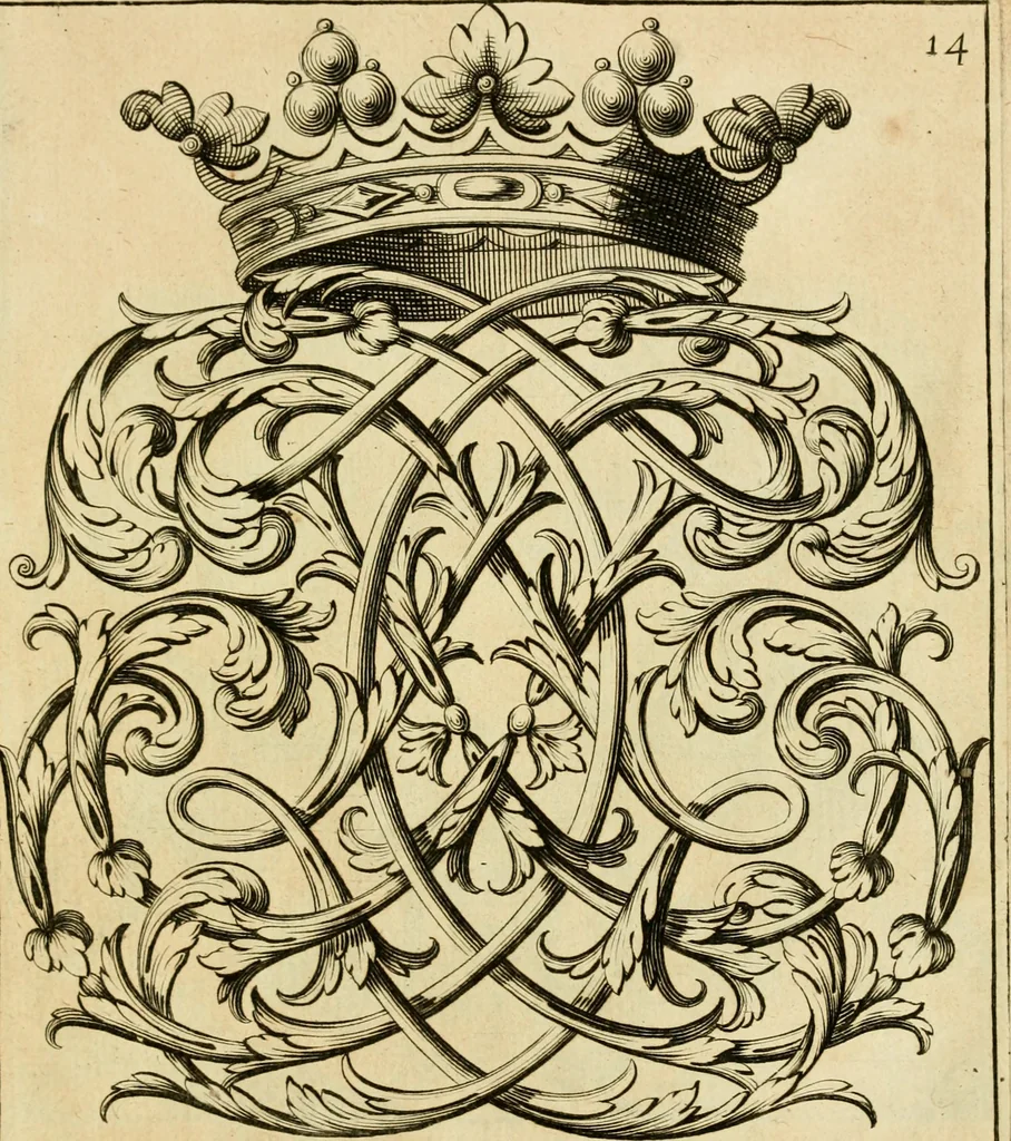 An illustration from Livre de chiffres a double traits, ou l'on trouve les noms & surnoms. : Vtile aux peintres, sculpteurs, graveurs et autres. Dedia Monseigneur le Dauphin, 1685, leaf 202