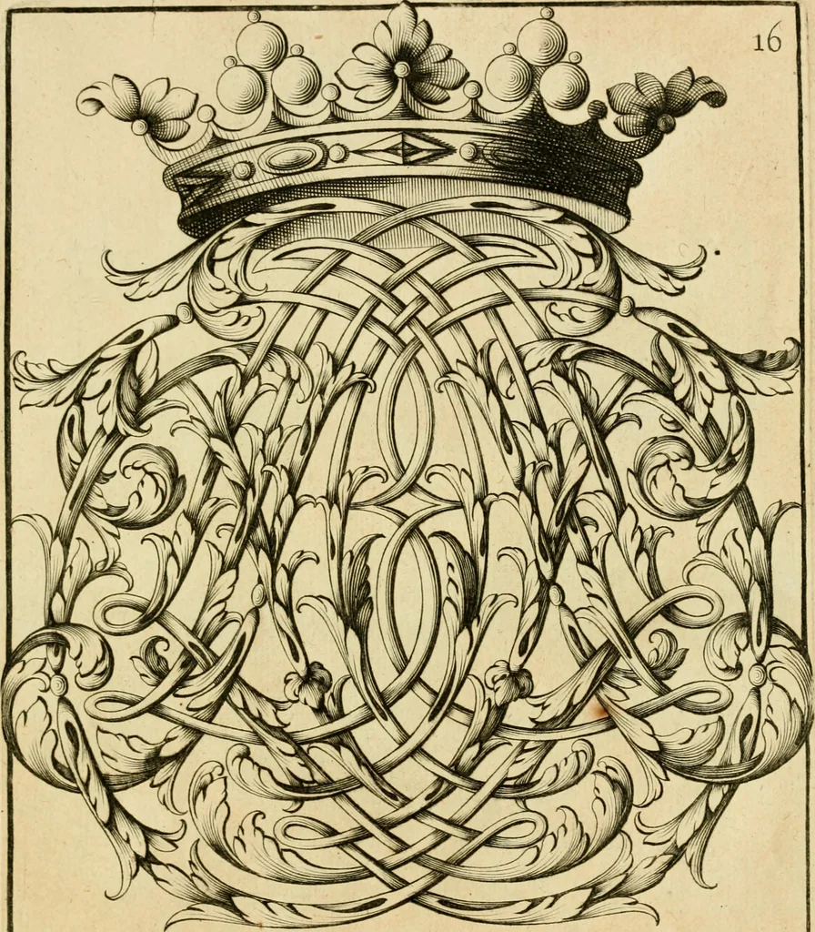 An illustration from Livre de chiffres a double traits, ou l'on trouve les noms & surnoms. : Vtile aux peintres, sculpteurs, graveurs et autres. Dedia Monseigneur le Dauphin, 1685, leaf 206