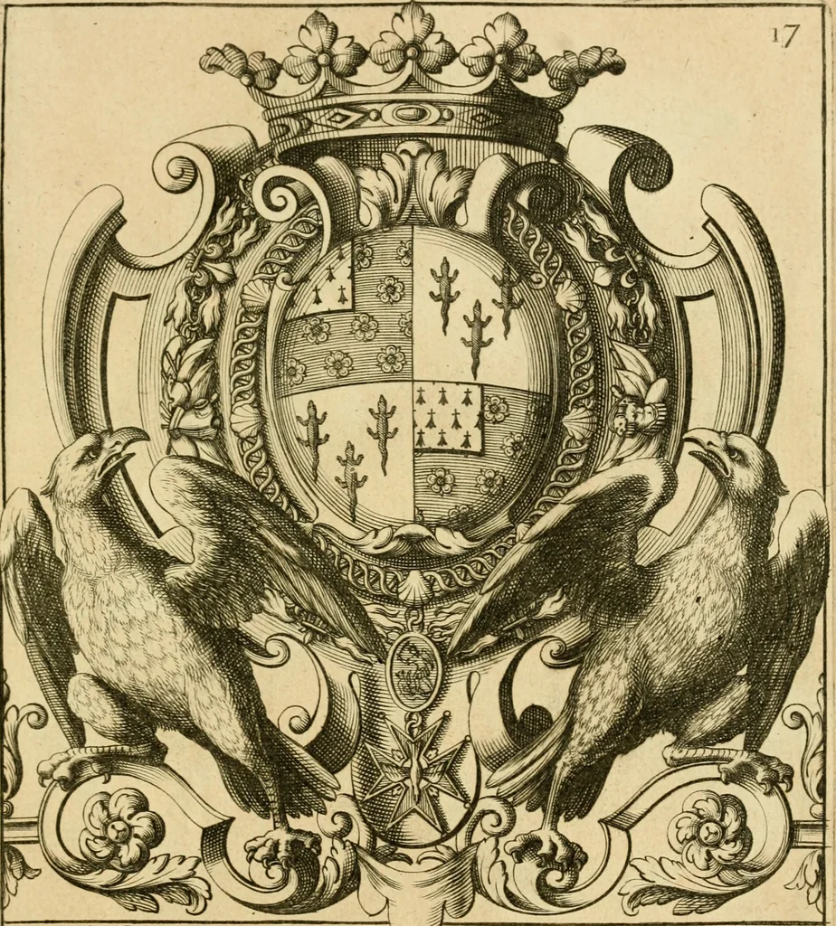 An illustration from Livre de chiffres a double traits, ou l'on trouve les noms & surnoms. : Vtile aux peintres, sculpteurs, graveurs et autres. Dedia Monseigneur le Dauphin, 1685, leaf 208