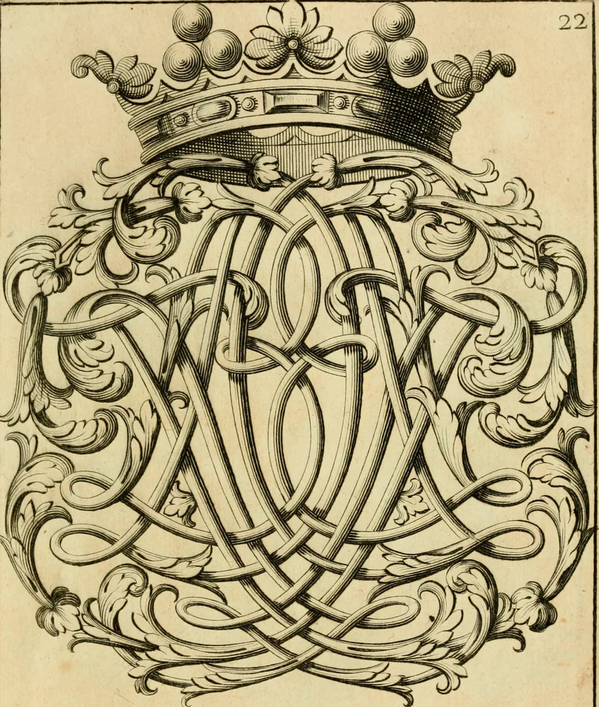 An illustration from Livre de chiffres a double traits, ou l'on trouve les noms & surnoms. : Vtile aux peintres, sculpteurs, graveurs et autres. Dedia Monseigneur le Dauphin, 1685, leaf 218