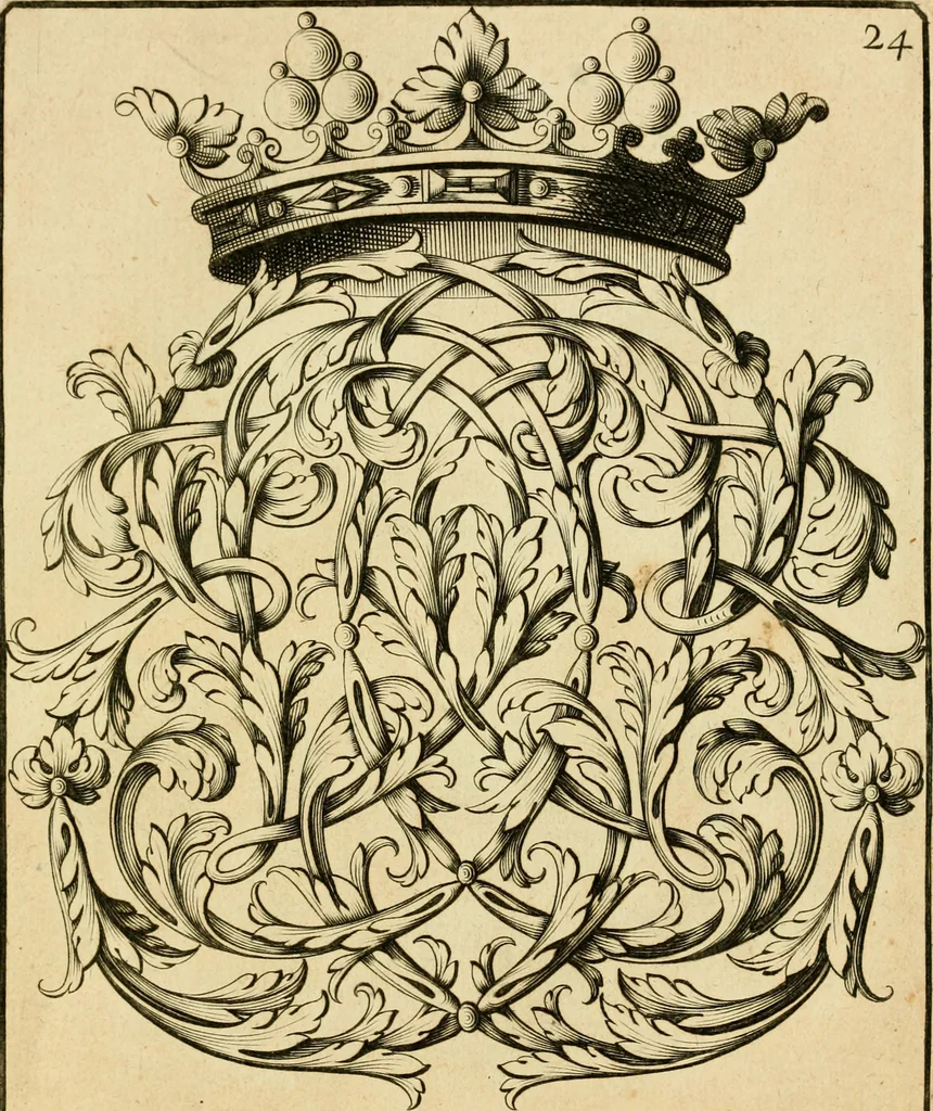 An illustration from Livre de chiffres a double traits, ou l'on trouve les noms & surnoms. : Vtile aux peintres, sculpteurs, graveurs et autres. Dedia Monseigneur le Dauphin, 1685, leaf 222