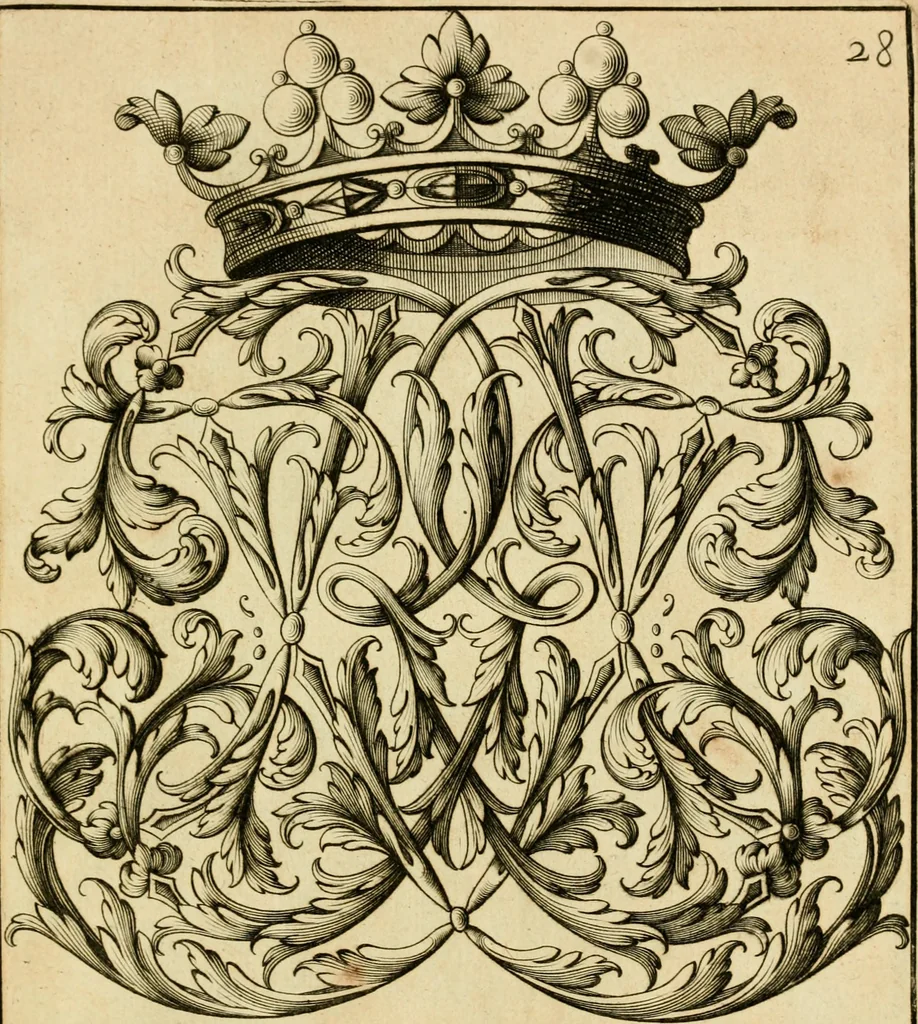 An illustration from Livre de chiffres a double traits, ou l'on trouve les noms & surnoms. : Vtile aux peintres, sculpteurs, graveurs et autres. Dedia Monseigneur le Dauphin, 1685, leaf 230