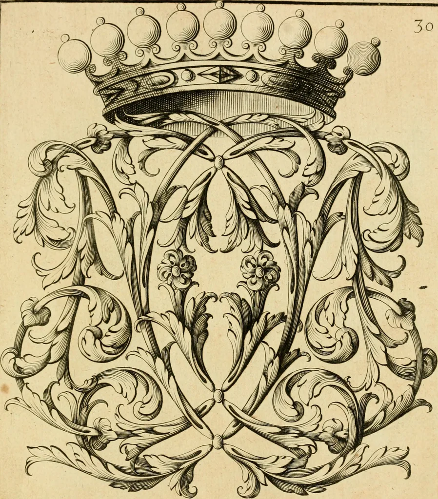 An illustration from Livre de chiffres a double traits, ou l'on trouve les noms & surnoms. : Vtile aux peintres, sculpteurs, graveurs et autres. Dedia Monseigneur le Dauphin, 1685, leaf 234