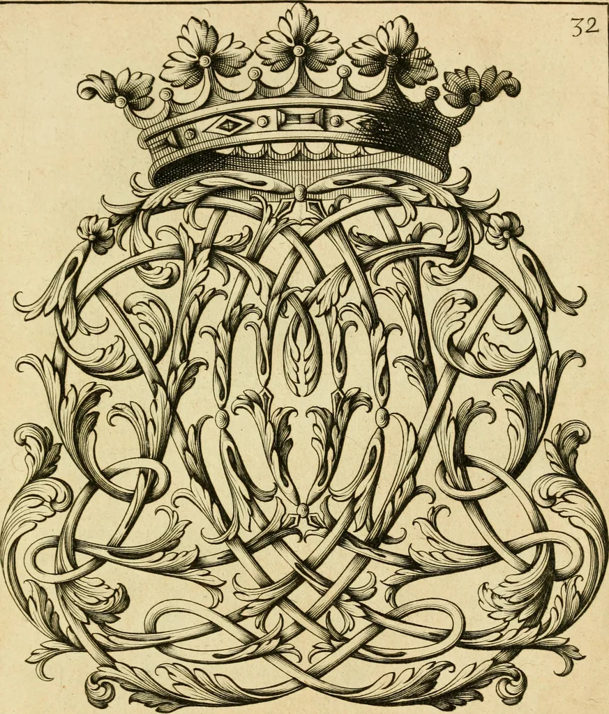 An illustration from Livre de chiffres a double traits, ou l'on trouve les noms & surnoms. : Vtile aux peintres, sculpteurs, graveurs et autres. Dedia Monseigneur le Dauphin, 1685, leaf 238