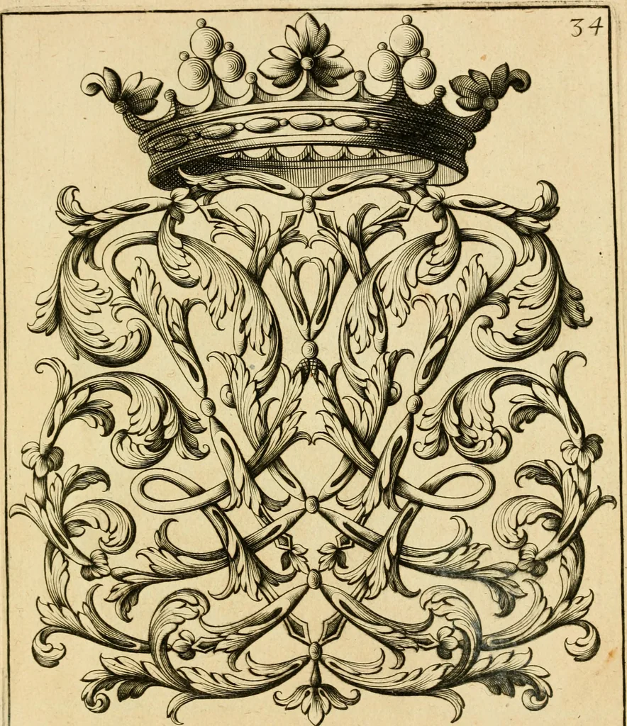 An illustration from Livre de chiffres a double traits, ou l'on trouve les noms & surnoms. : Vtile aux peintres, sculpteurs, graveurs et autres. Dedia Monseigneur le Dauphin, 1685, leaf 242