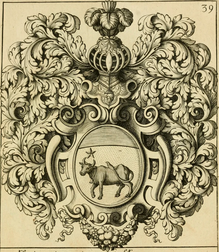 An illustration from Livre de chiffres a double traits, ou l'on trouve les noms & surnoms. : Vtile aux peintres, sculpteurs, graveurs et autres. Dedia Monseigneur le Dauphin, 1685, leaf 254