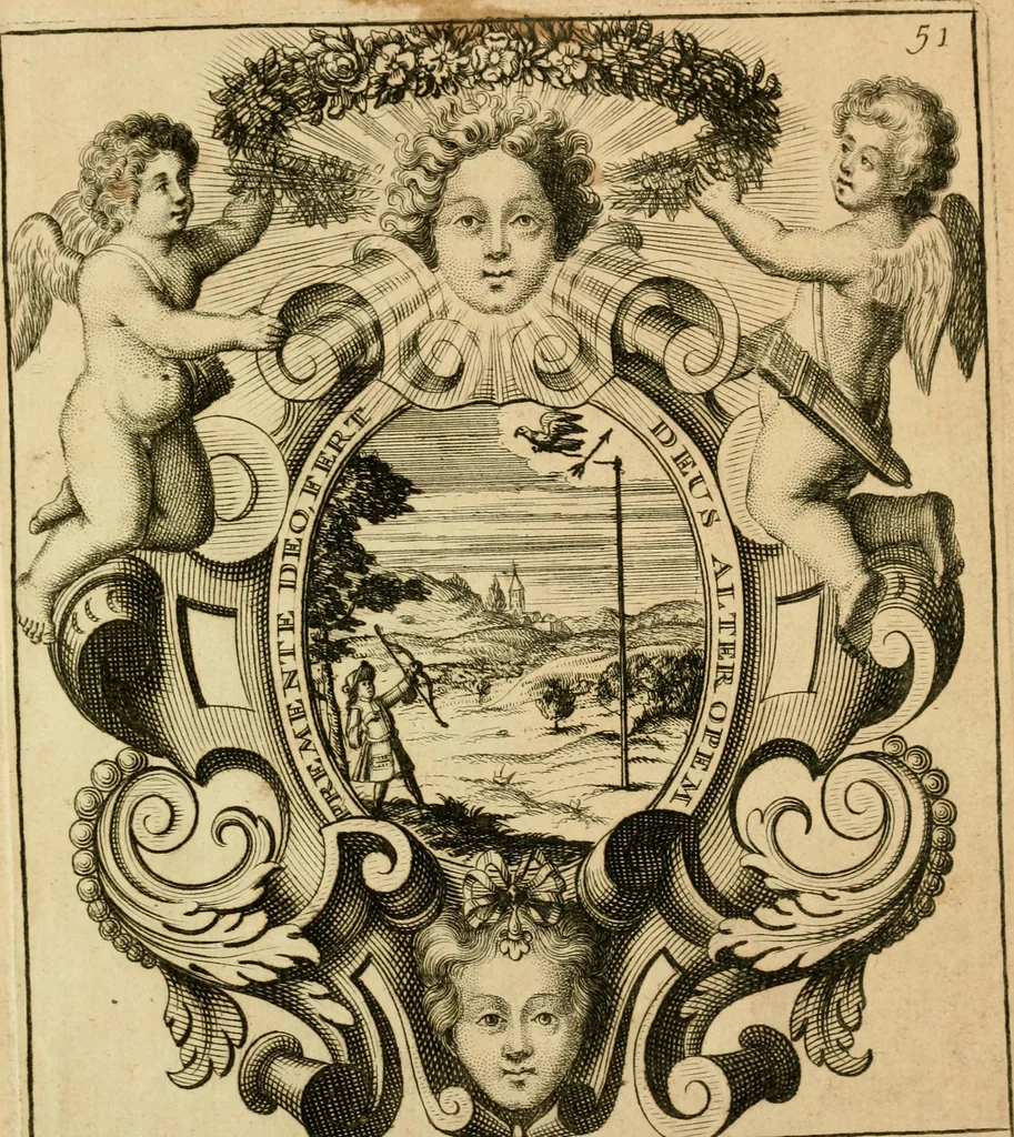An illustration from Livre de chiffres a double traits, ou l'on trouve les noms & surnoms. : Vtile aux peintres, sculpteurs, graveurs et autres. Dedia Monseigneur le Dauphin, 1685, leaf 278