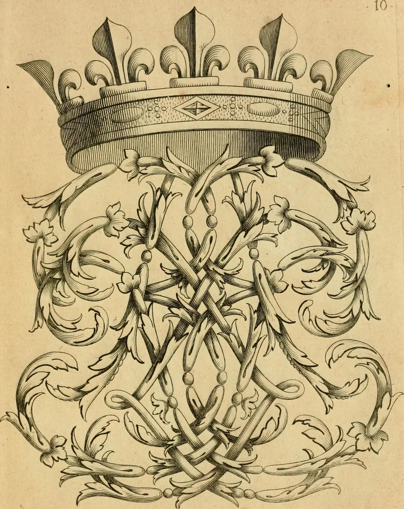 An illustration from Livre de chiffres a double traits, ou l'on trouve les noms & surnoms. : Vtile aux peintres, sculpteurs, graveurs et autres. Dedia Monseigneur le Dauphin, 1685, leaf 28