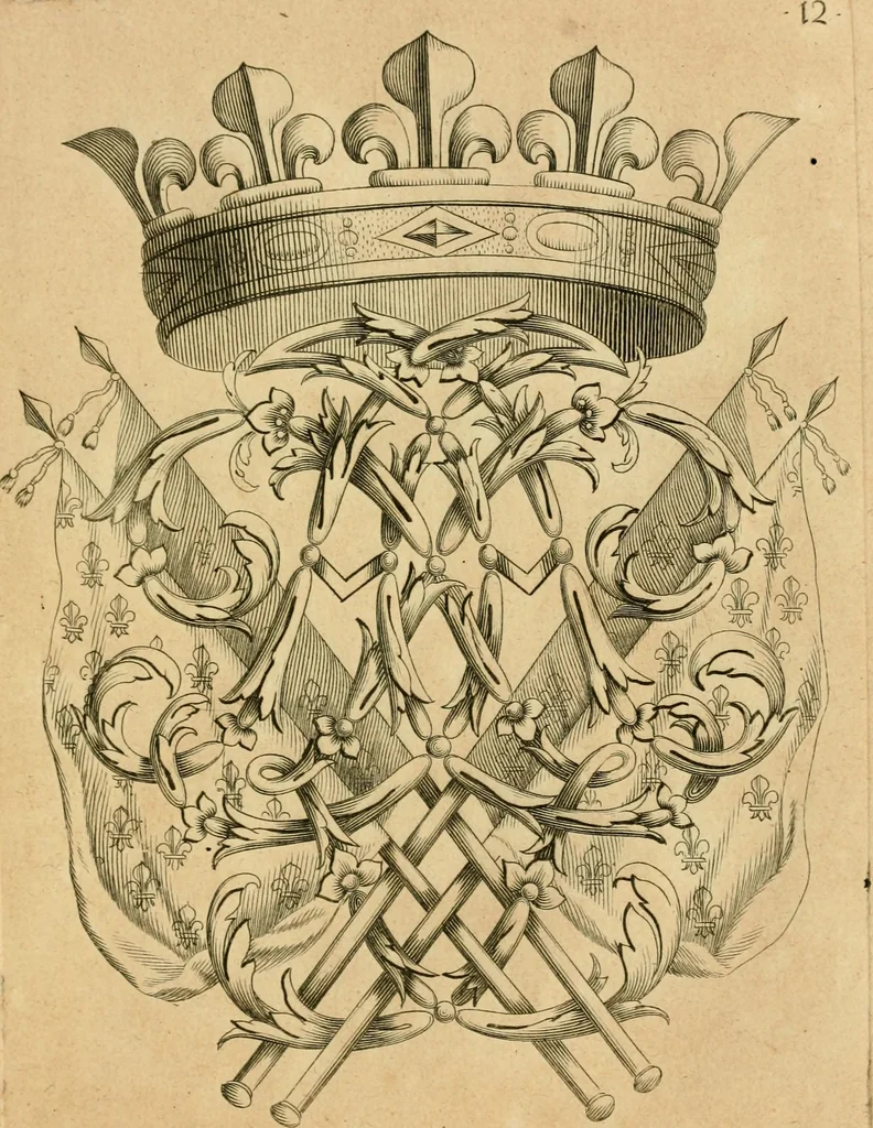 An illustration from Livre de chiffres a double traits, ou l'on trouve les noms & surnoms. : Vtile aux peintres, sculpteurs, graveurs et autres. Dedia Monseigneur le Dauphin, 1685, leaf 32
