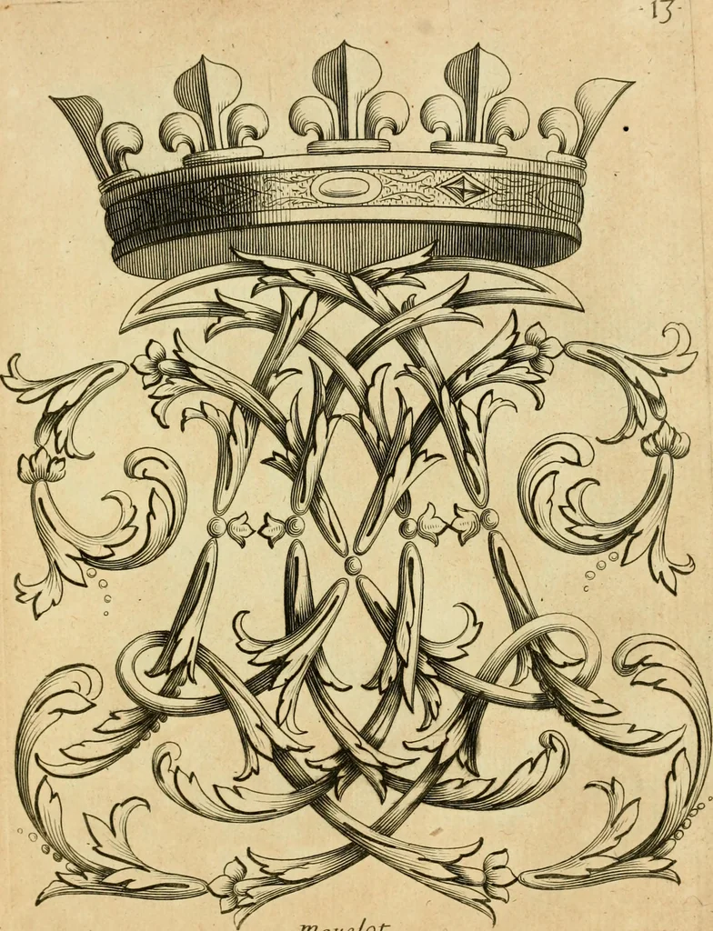 An illustration from Livre de chiffres a double traits, ou l'on trouve les noms & surnoms. : Vtile aux peintres, sculpteurs, graveurs et autres. Dedia Monseigneur le Dauphin, 1685, leaf 34