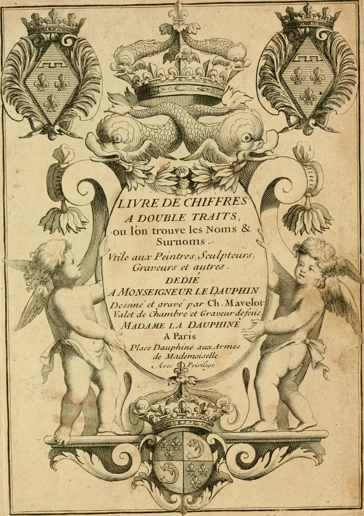 An illustration from Livre de chiffres a double traits, ou l'on trouve les noms & surnoms. : Vtile aux peintres, sculpteurs, graveurs et autres. Dedia Monseigneur le Dauphin, 1685, leaf 4