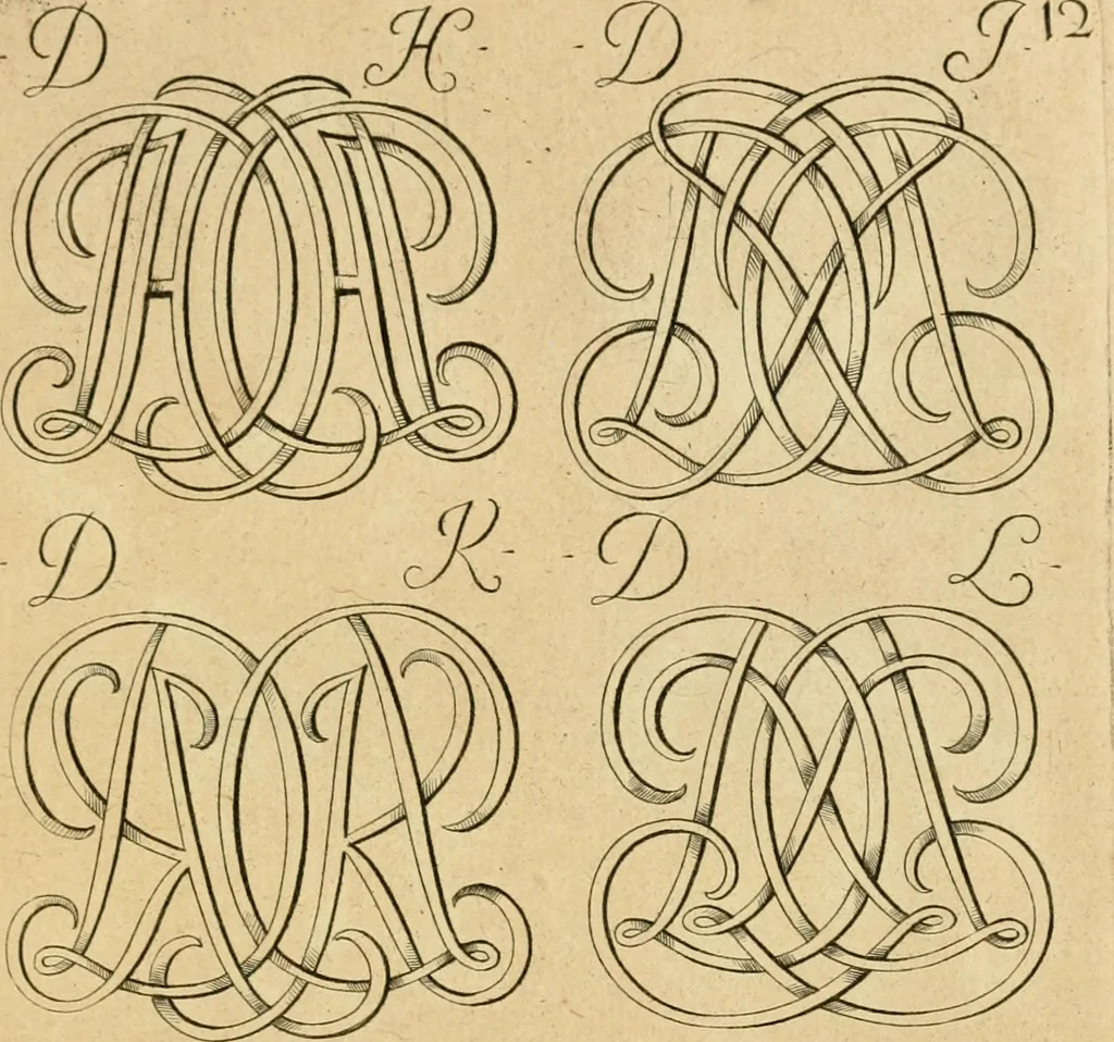An illustration from Livre de chiffres a double traits, ou l'on trouve les noms & surnoms. : Vtile aux peintres, sculpteurs, graveurs et autres. Dedia Monseigneur le Dauphin, 1685, leaf 74