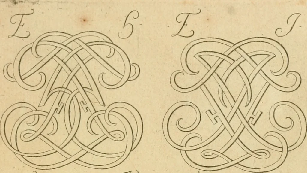 An illustration from Livre de chiffres a double traits, ou l'on trouve les noms & surnoms. : Vtile aux peintres, sculpteurs, graveurs et autres. Dedia Monseigneur le Dauphin, 1685, leaf 80