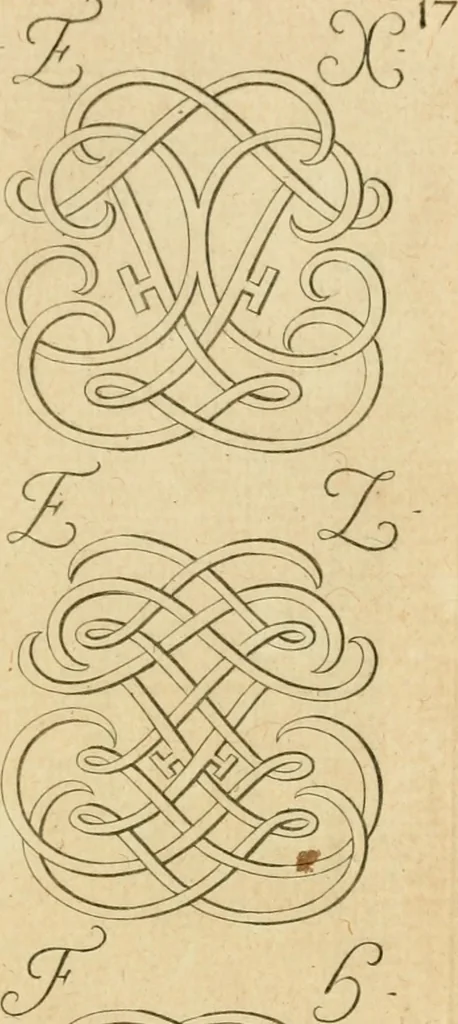 An illustration from Livre de chiffres a double traits, ou l'on trouve les noms & surnoms. : Vtile aux peintres, sculpteurs, graveurs et autres. Dedia Monseigneur le Dauphin, 1685, leaf 84