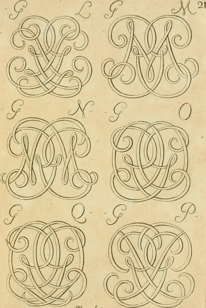 An illustration from Livre de chiffres a double traits, ou l'on trouve les noms & surnoms. : Vtile aux peintres, sculpteurs, graveurs et autres. Dedia Monseigneur le Dauphin, 1685, leaf 92