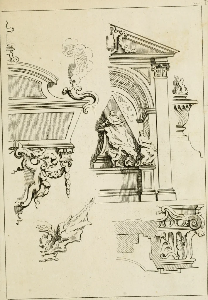 An illustration from Livre de fragments d'architectures, recüeilis et dessinés à Rome d'après les plus beaux monuments, 1720, leaf 14