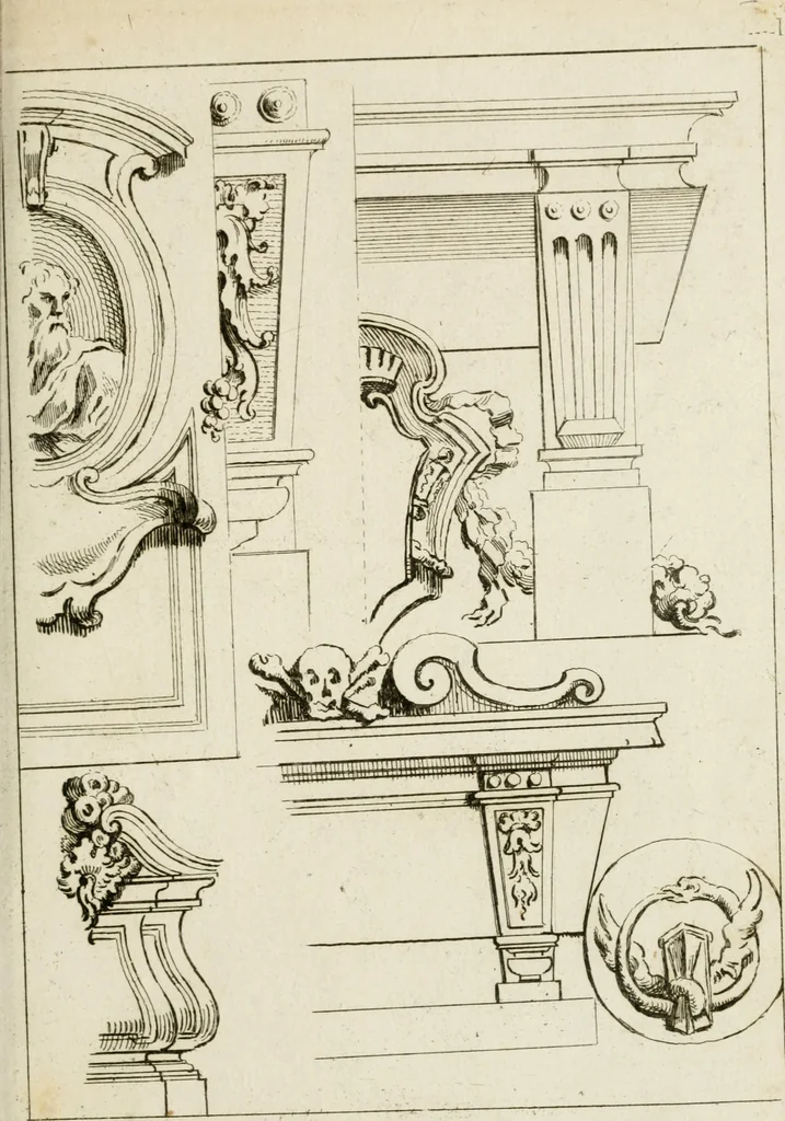 An illustration from Livre de fragments d'architectures, recüeilis et dessinés à Rome d'après les plus beaux monuments, 1720, leaf 18