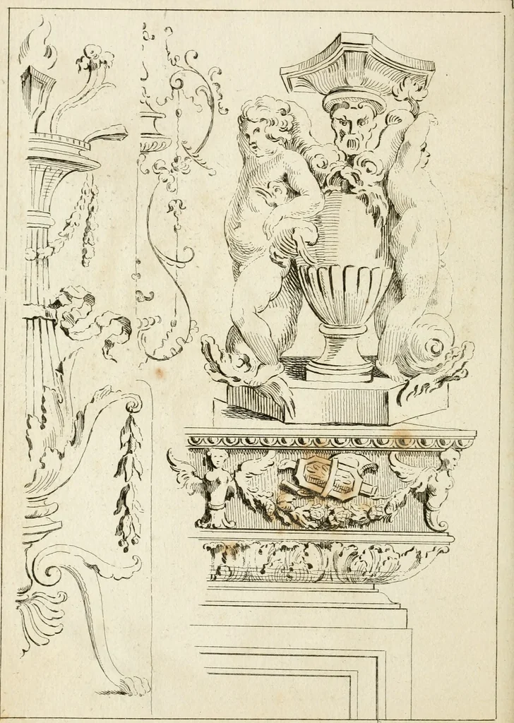 An illustration from Livre de fragments d'architectures, recüeilis et dessinés à Rome d'après les plus beaux monuments, 1720, leaf 29