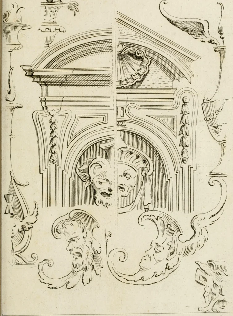 An illustration from Livre de fragments d'architectures, recüeilis et dessinés à Rome d'après les plus beaux monuments, 1720, leaf 34
