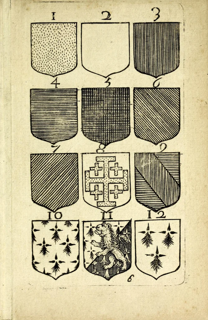 An illustration from Livre du blazon : contenant vne emple explication des metaux et couleurs avec leurs significations, les huict points de l'ecu des differantes couronnes et tenants &c : pour l'vsage des armoiries, leaf 19