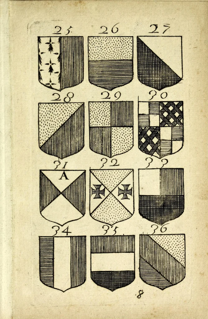 An illustration from Livre du blazon : contenant vne emple explication des metaux et couleurs avec leurs significations, les huict points de l'ecu des differantes couronnes et tenants &c : pour l'vsage des armoiries, leaf 23