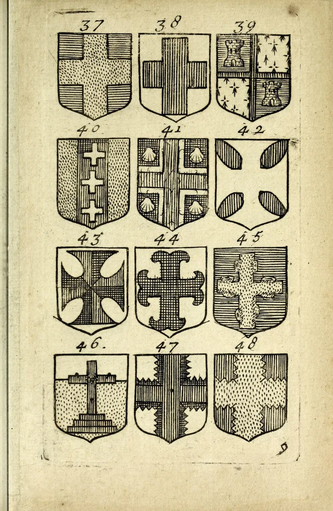An illustration from Livre du blazon : contenant vne emple explication des metaux et couleurs avec leurs significations, les huict points de l'ecu des differantes couronnes et tenants &c : pour l'vsage des armoiries, leaf 25
