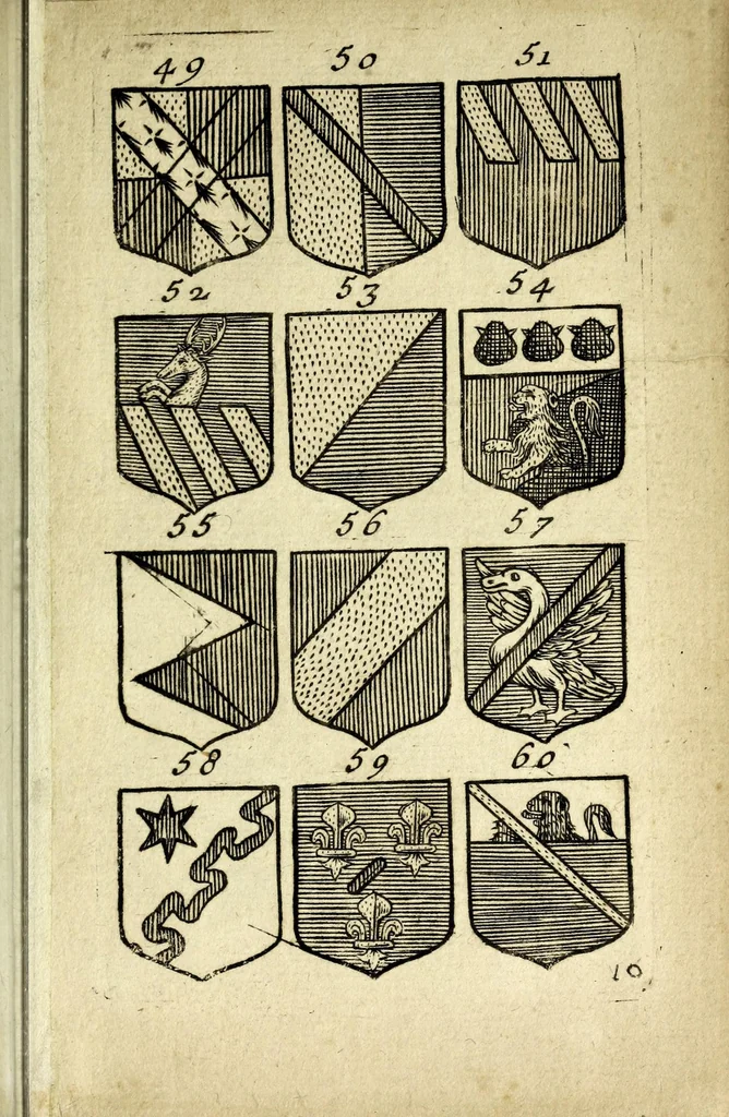 An illustration from Livre du blazon : contenant vne emple explication des metaux et couleurs avec leurs significations, les huict points de l'ecu des differantes couronnes et tenants &c : pour l'vsage des armoiries, leaf 27