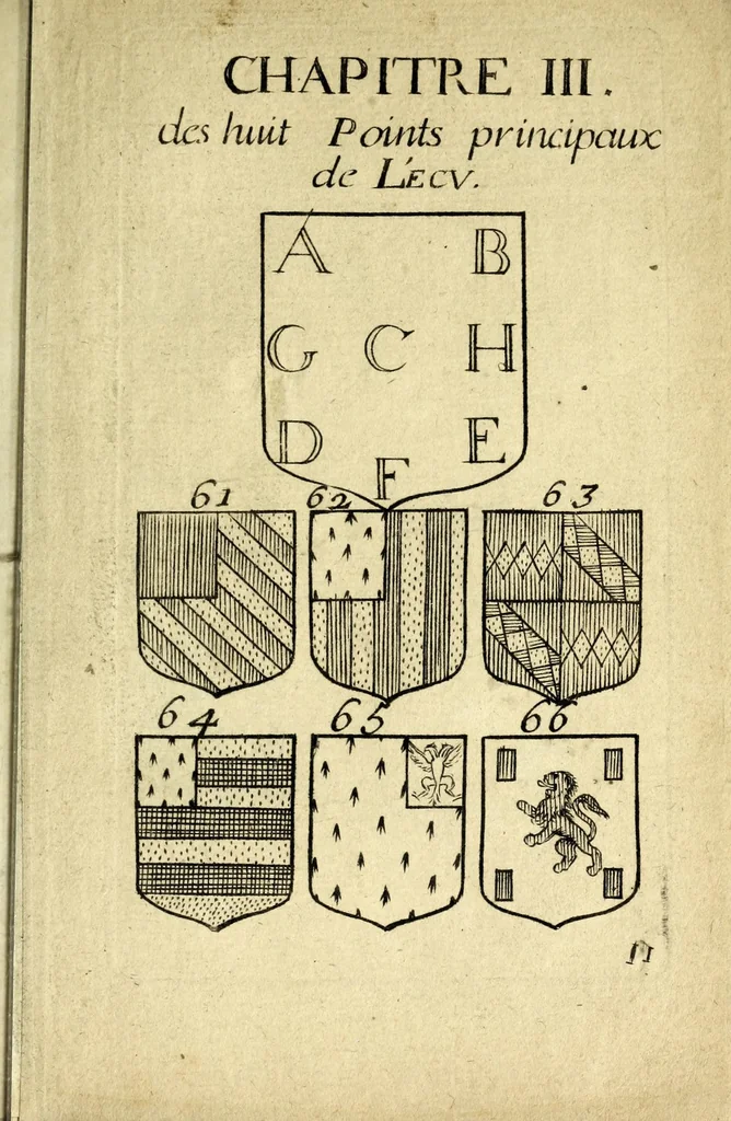 An illustration from Livre du blazon : contenant vne emple explication des metaux et couleurs avec leurs significations, les huict points de l'ecu des differantes couronnes et tenants &c : pour l'vsage des armoiries, leaf 29