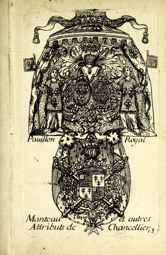 An illustration from Livre du blazon : contenant vne emple explication des metaux et couleurs avec leurs significations, les huict points de l'ecu des differantes couronnes et tenants &c : pour l'vsage des armoiries, leaf 33